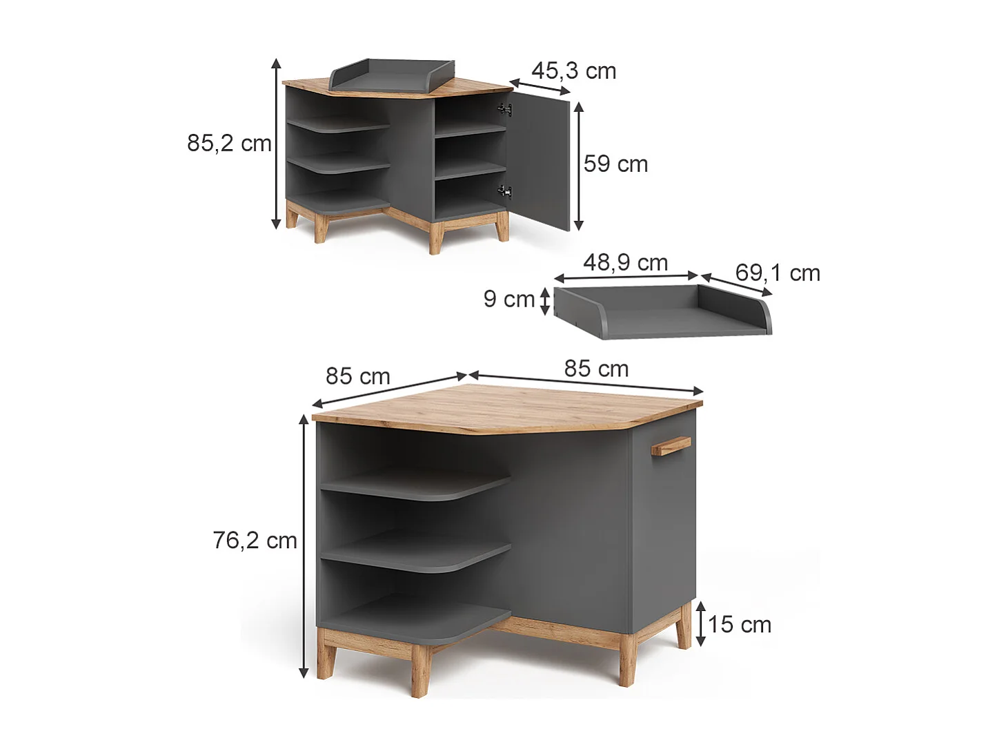 Table à langer gris/artisan 85x85x85.2 malia