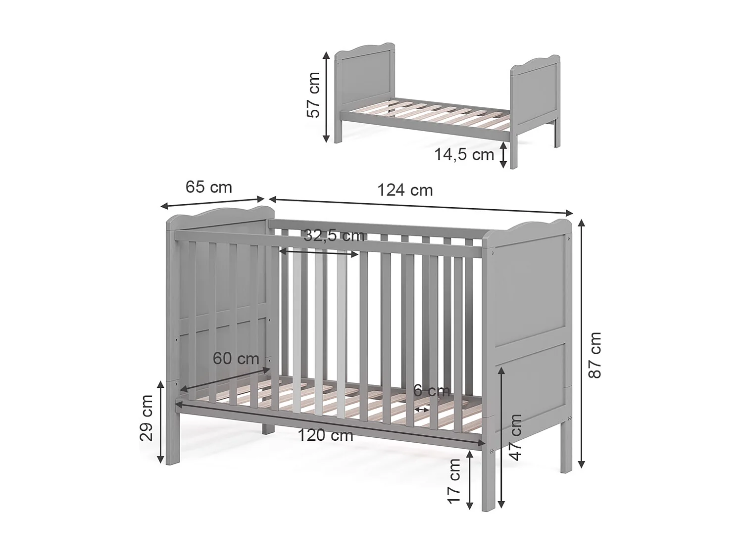 Lit bébé gris 124x65x87 tobi