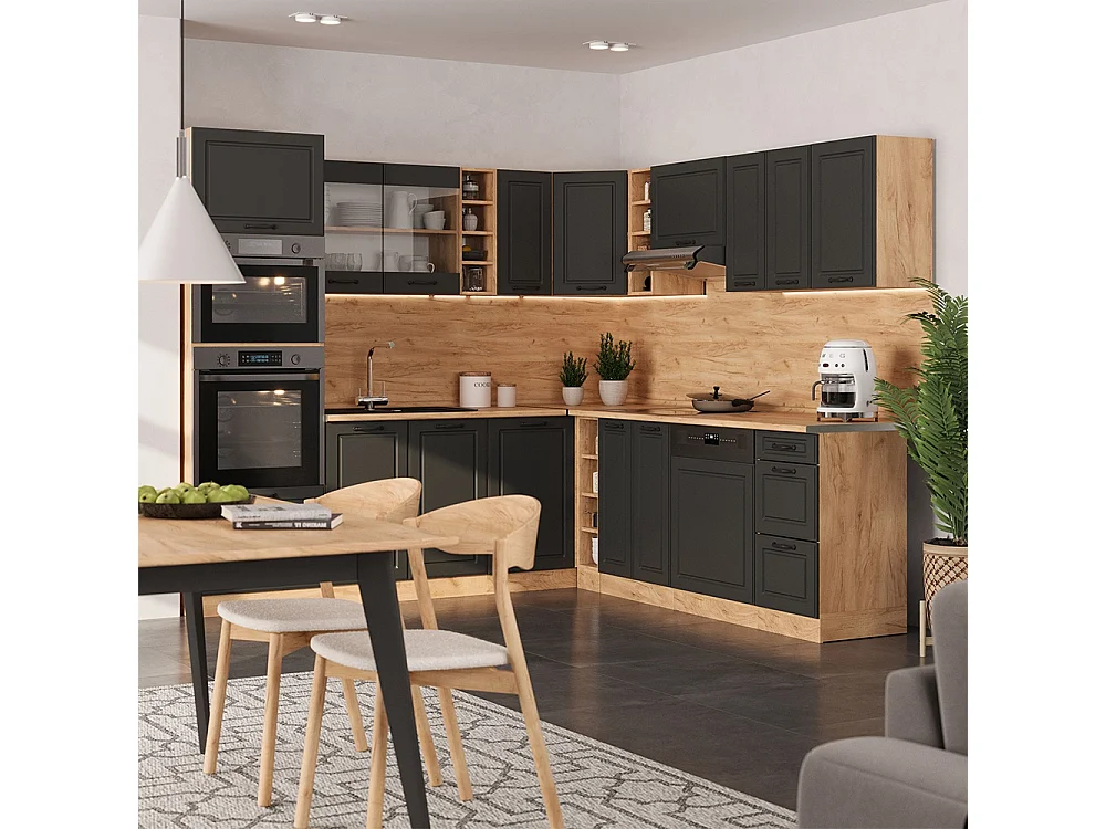 Cuisine en angle anthracite campagne/chêne de force doré 247x46x81.6 r-line