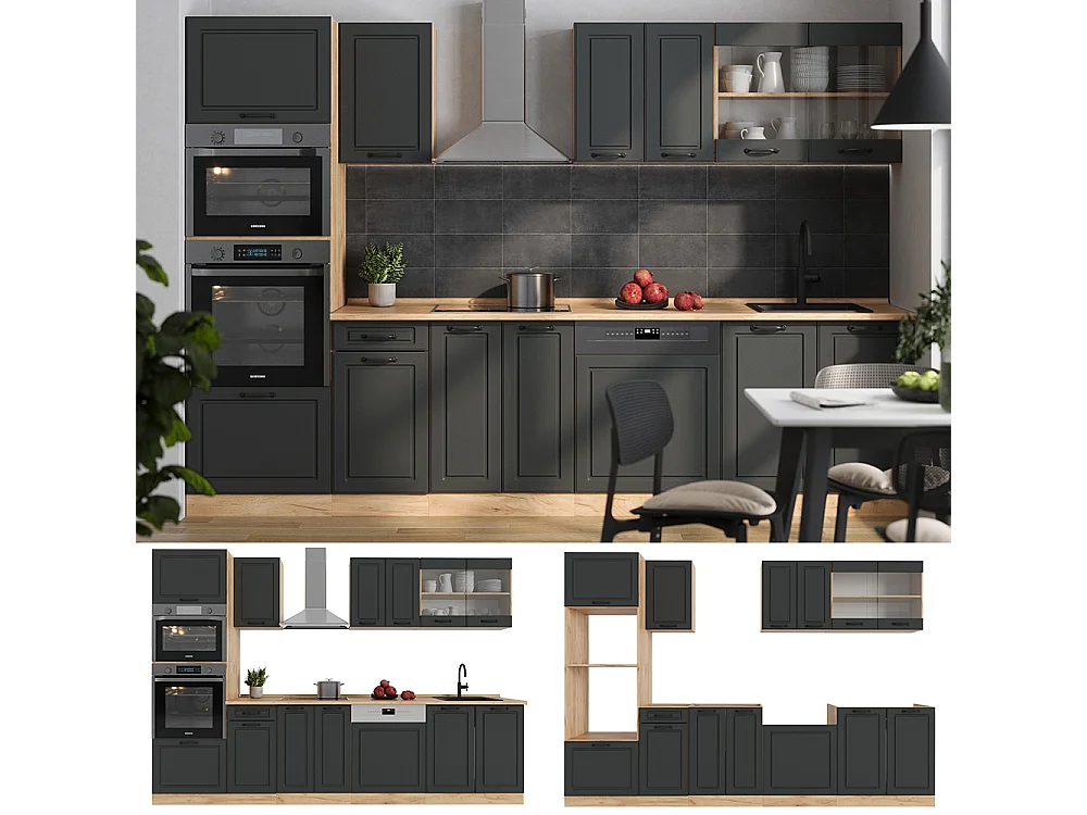 Køkkenrække antracit landhus/gyldent egetræ 300x46x81.6 r-line