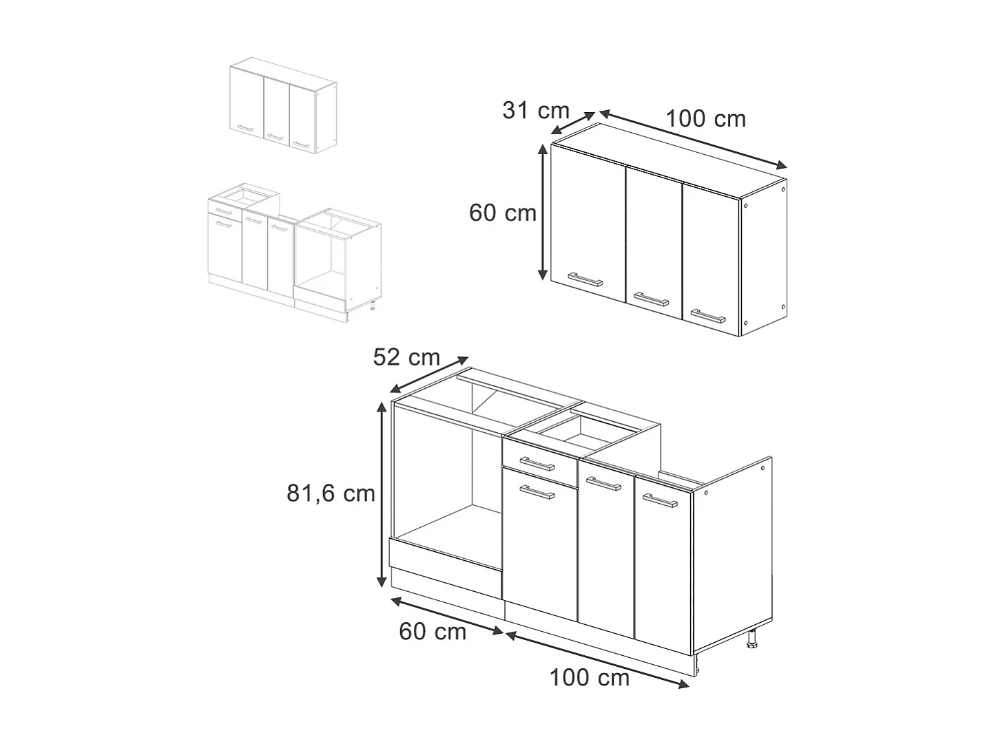Single kitchen white high gloss / white 160x46x81.6 r-line