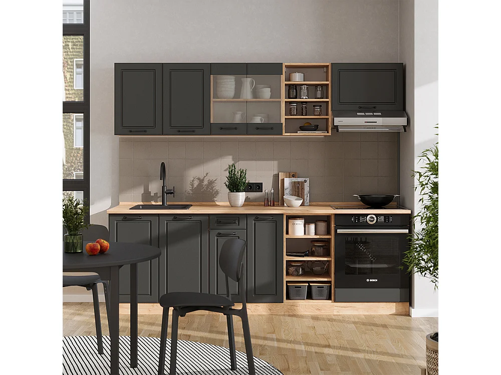 Küchenzeile anthrazit landhaus/goldkraft eiche 240x60x81.6 r-line