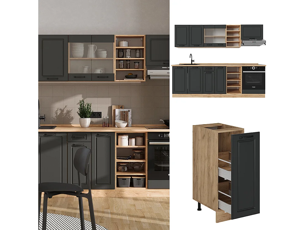 Küchenzeile anthrazit landhaus/goldkraft eiche 240x60x81.6 r-line