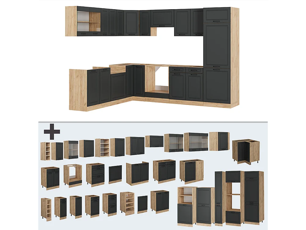 Corner kitchen anthracite country house/golden oak 287x60x81.6 r-line