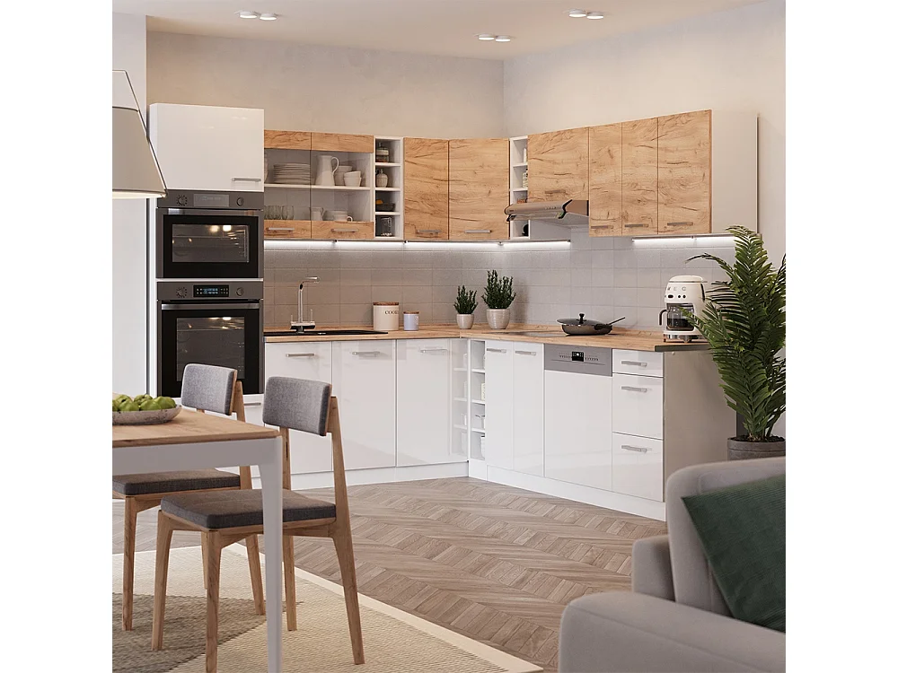Cuisine en angle blanc-chêne de force doré/blanc 247x60x81.6 r-line