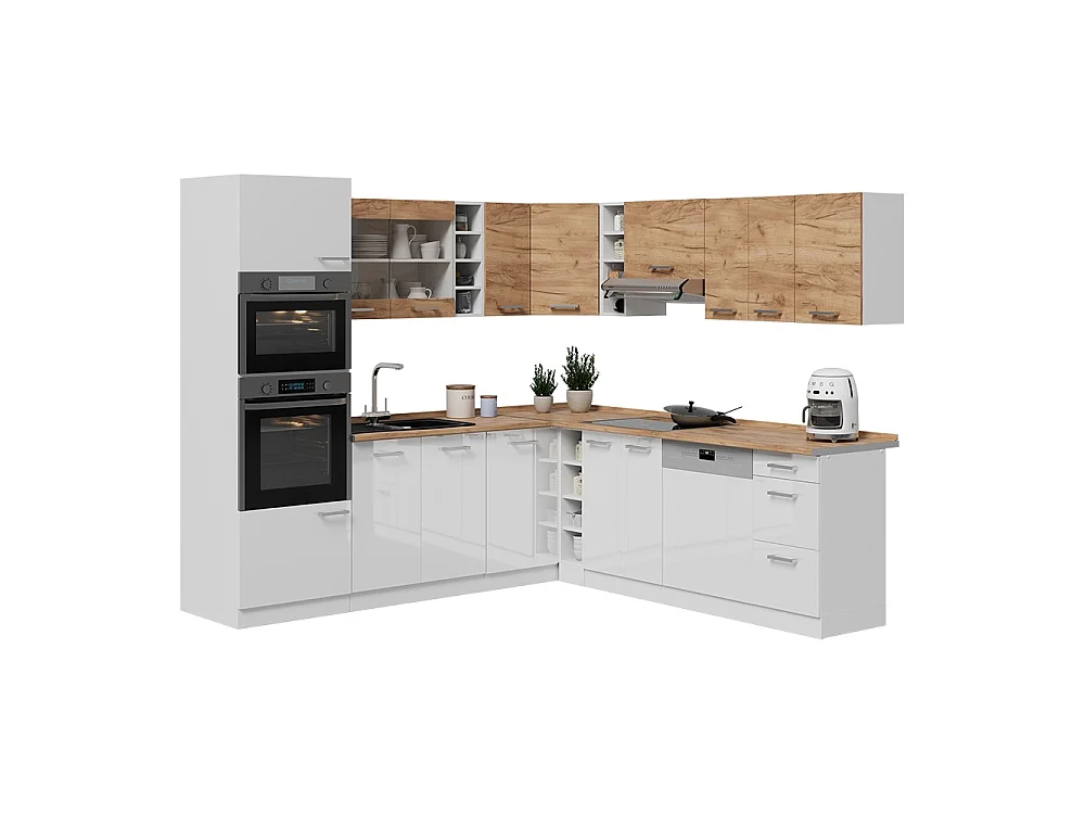 Cuisine en angle blanc-chêne de force doré/blanc 247x60x81.6 r-line