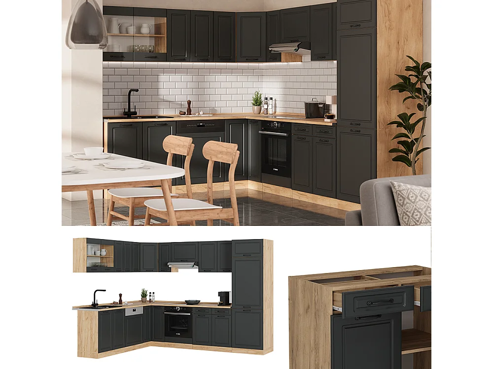 Cuisine en angle anthracite campagne/chêne doré 287x46x81.6 r-line