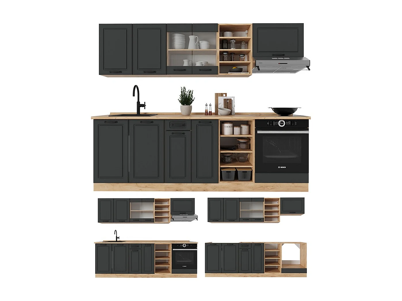 Cuisine anthracite campagne/chêne doré 240x60x81.6 r-line