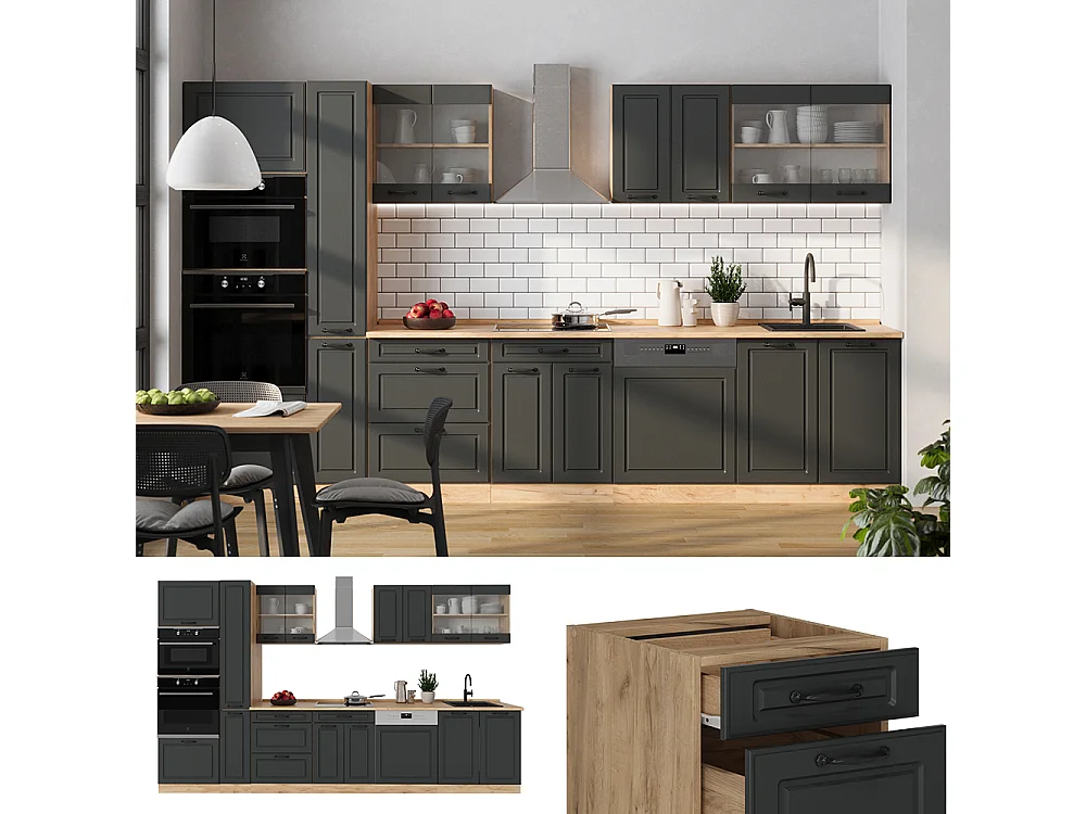 Cuisine complète  anthracite campagne/chêne doré 350x60x81.6 r-line