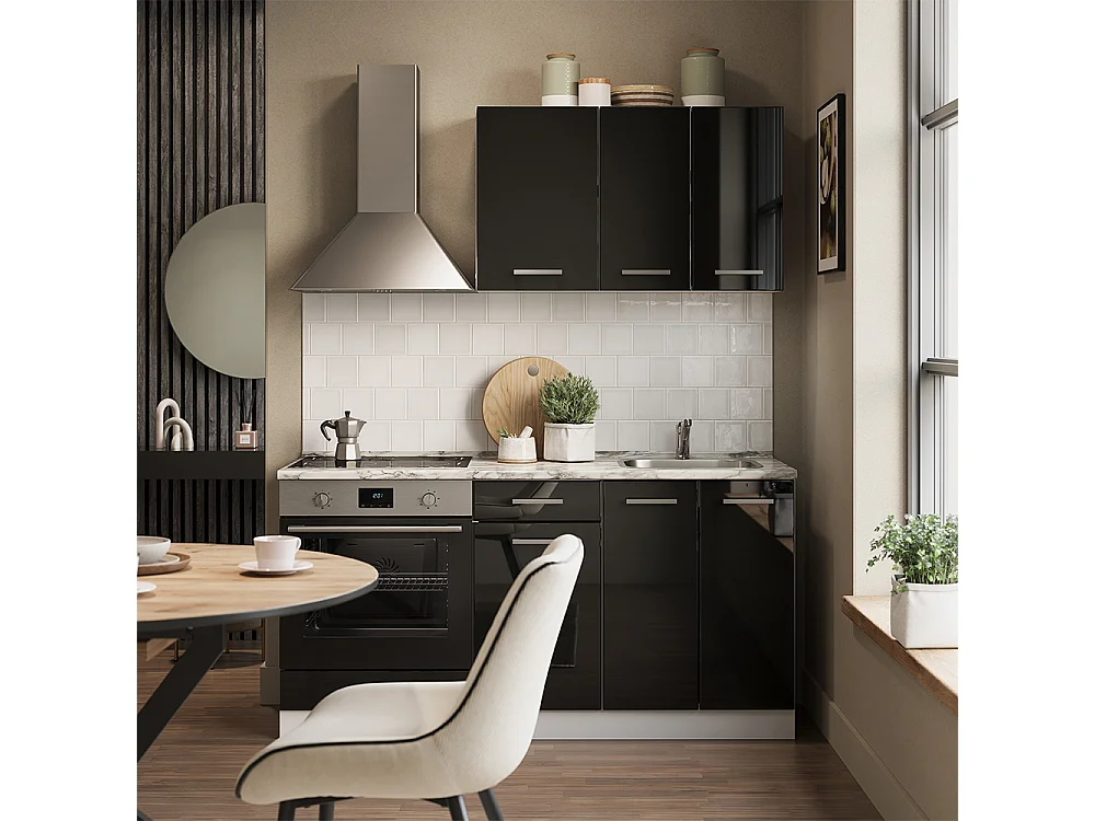 Single kitchen black high gloss/white 160x46x81.6 r-line