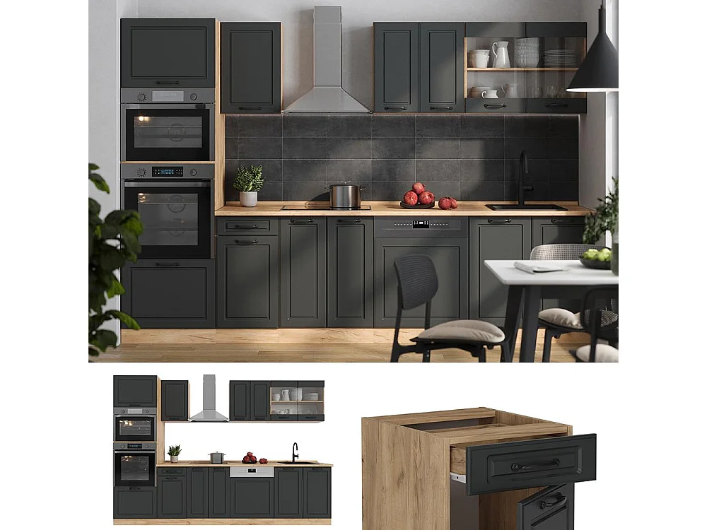 Küchenzeile anthrazit landhaus/goldkraft eiche 300x60x81.6 r-line