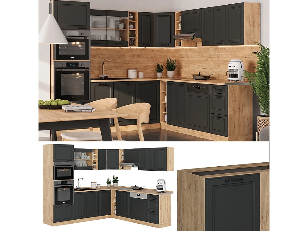 Cuisine en angle anthracite campagne/chêne doré 247x60x81.6 r-line