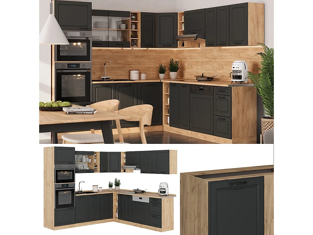 Cuisine en angle anthracite campagne/chêne de force doré 247x60x81.6 r-line