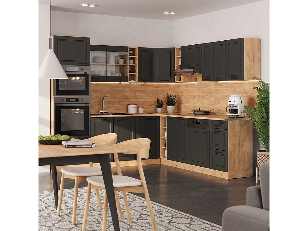 Cuisine en angle anthracite campagne/chêne de force doré 247x60x81.6 r-line