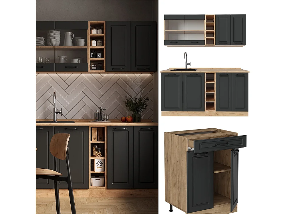 Singlekøkken antracit landhus/gyldent egetræ 160x60x81.6 r-line