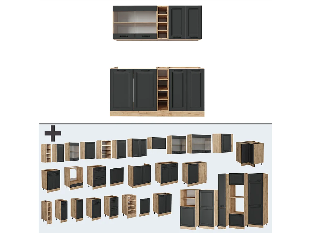 Singlekøkken antracit landhus/gyldent egetræ 160x60x81.6 r-line