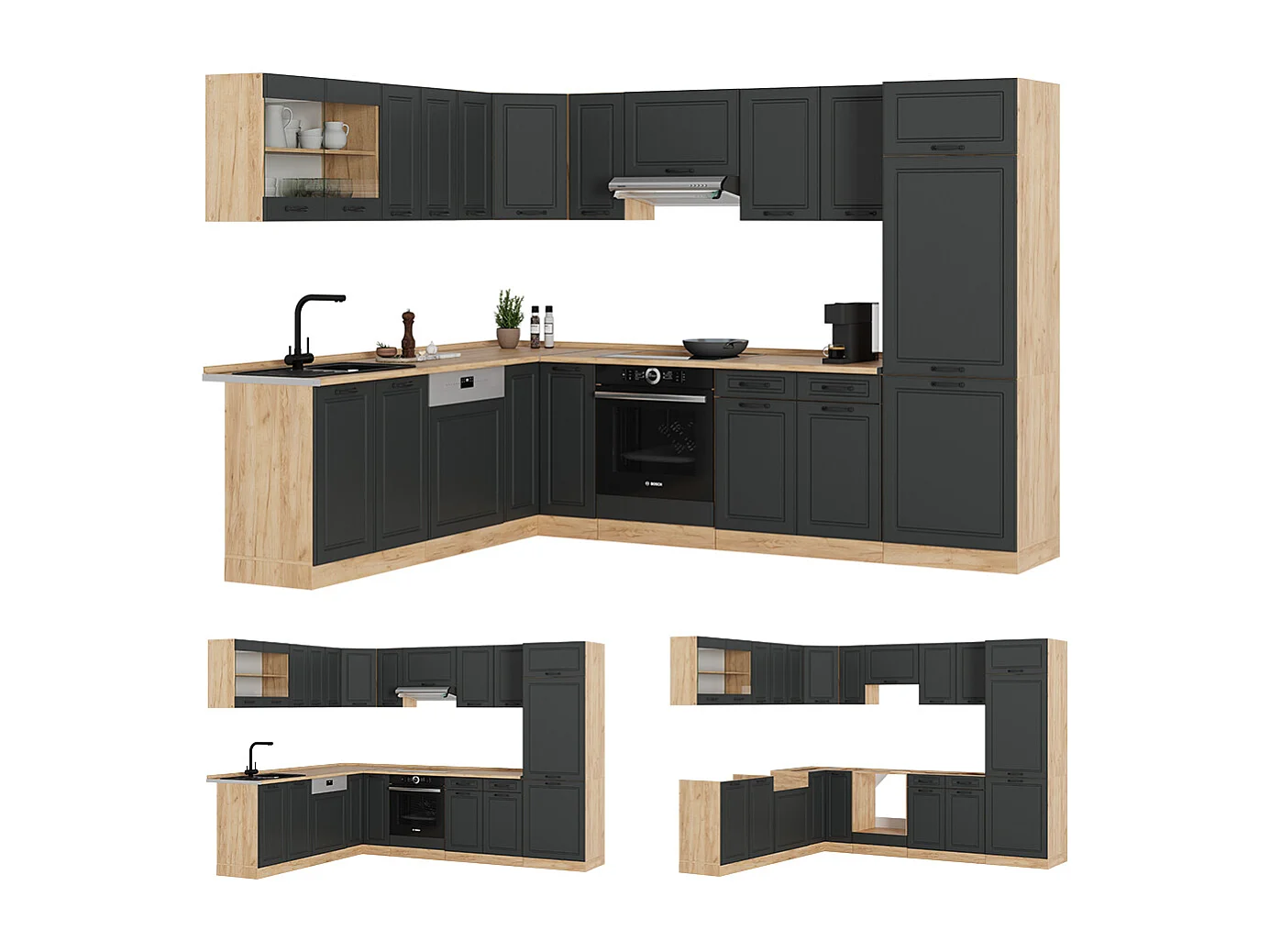 Cuisine en angle anthracite campagne/chêne doré 287x60x81.6 r-line