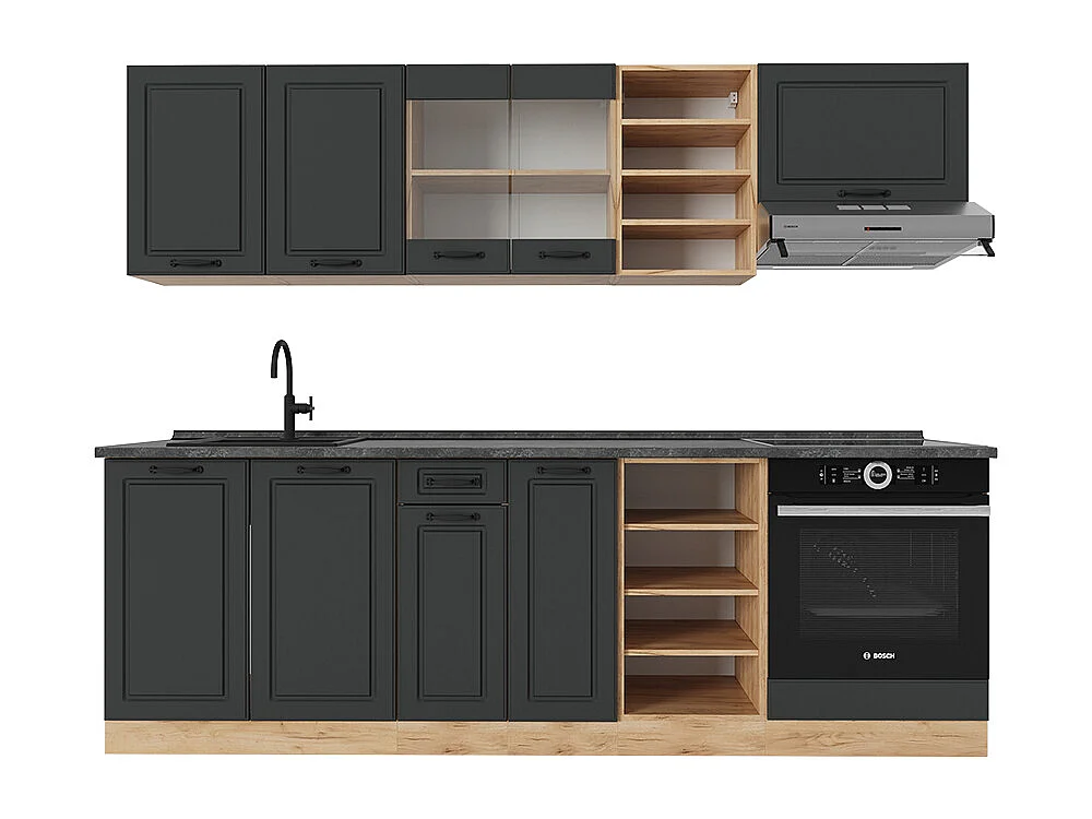 Küchenzeile anthrazit landhaus/goldkraft eiche 240x60x81.6 r-line