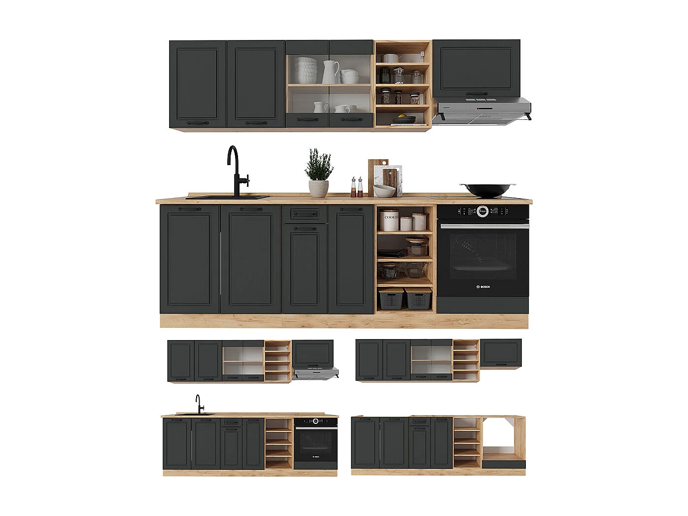 Küchenzeile anthrazit landhaus/goldkraft eiche 240x60x81.6 r-line