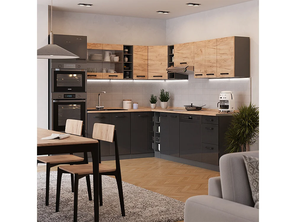 Cuisine en angle chêne doré/anthracite 247x60x81.6 r-line