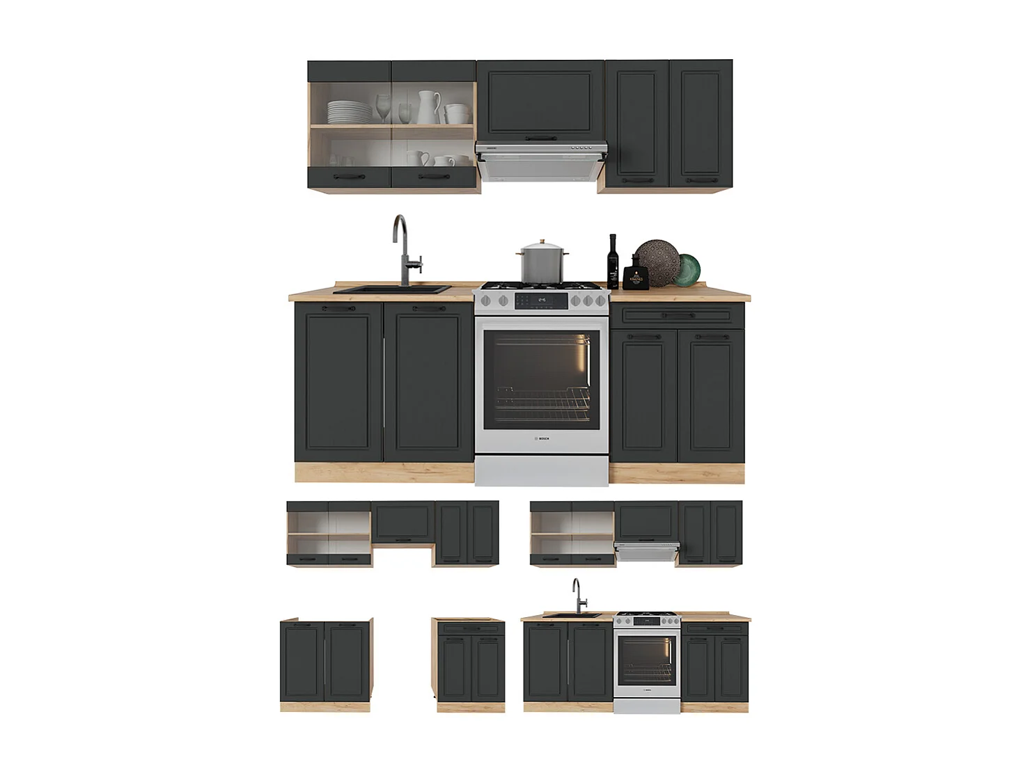 Cuisine anthracite campagne/chêne doré 200x46x81.6 r-line