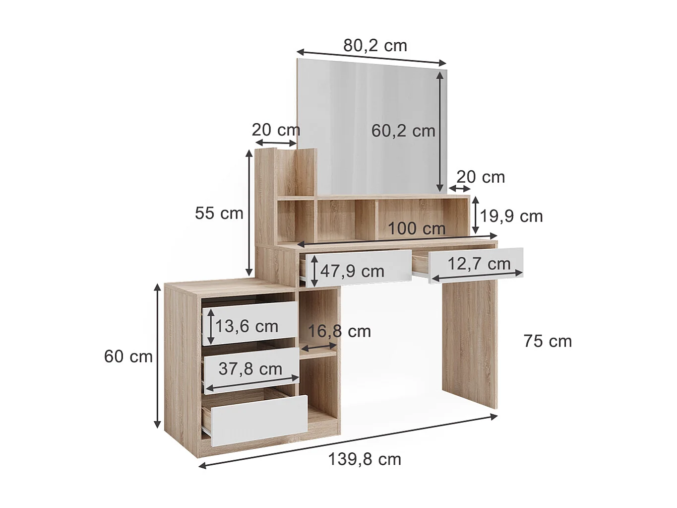 Bureau blanc/sonoma 139.8x40x115 anja