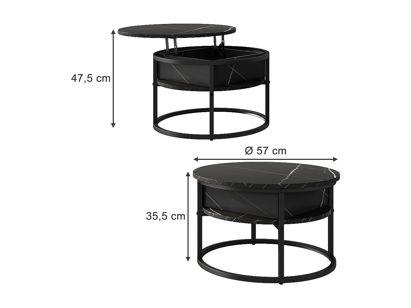 Table basse noir/marbre blanc 57x57x47.5 marlo