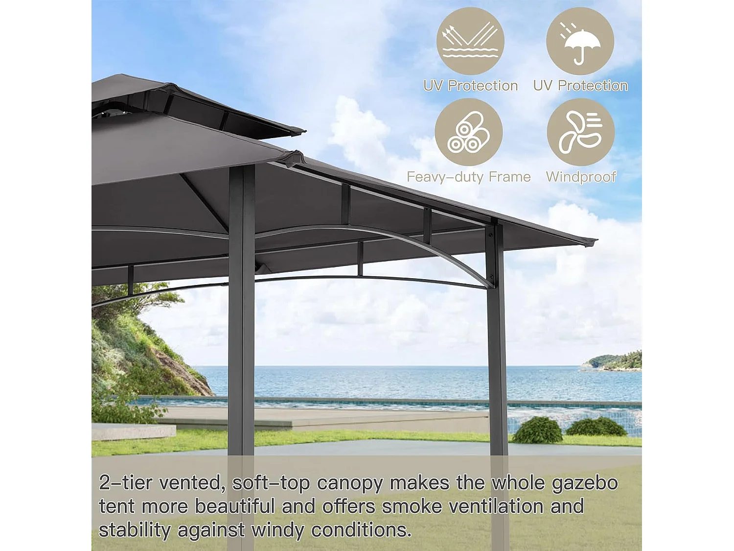 YODOLLA Metall-Grillpavillon für Außengarten - 2,4 x 1,5 m - Grau