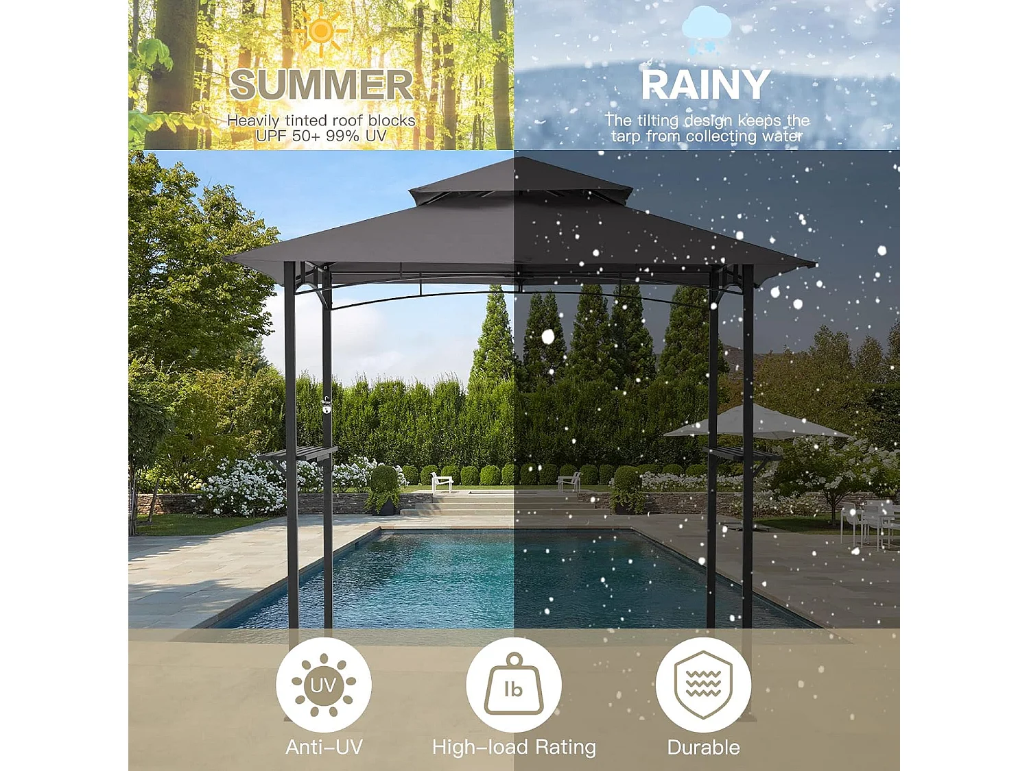 YODOLLA Metall-Grillpavillon für Außengarten - 2,4 x 1,5 m - Grau