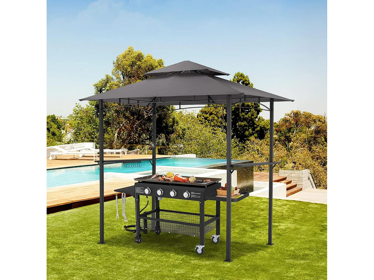 YODOLLA Metall-Grillpavillon für Außengarten - 2,4 x 1,5 m - Grau