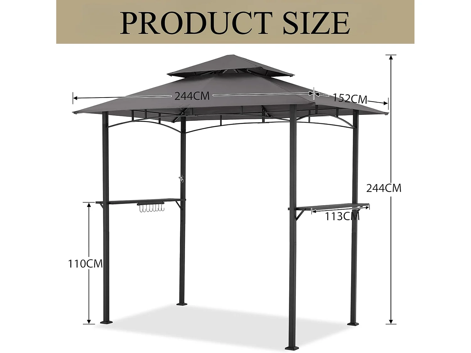 YODOLLA Metall-Grillpavillon für Außengarten - 2,4 x 1,5 m - Grau