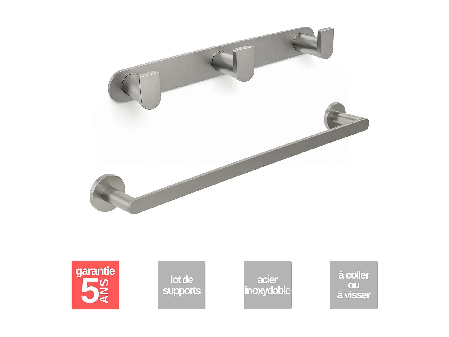 Porte serviette salle de bain 50cm et patère murale 25 cm - acier inoxydable S.316 - Fixation Collée ou Vissée