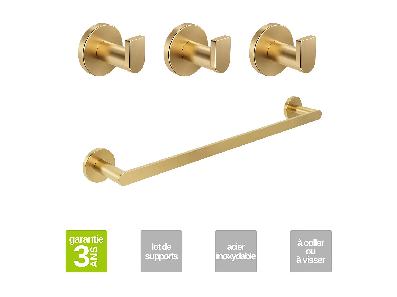 Porte serviette salle de bain 50cm et 3 Patères murale salle de bain  - acier inoxydable S.304 or brossé - Fixation Collée ou Vissée