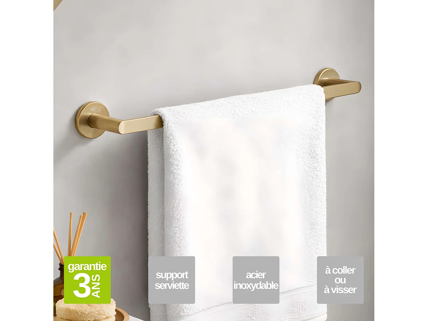Porte serviette salle de bain 50cm et 3 Patères murale salle de bain  - acier inoxydable S.304 or brossé - Fixation Collée ou Vissée