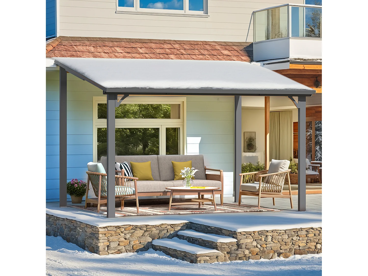 YODOLLA - Pergola Murale - Toit Massif Opaque et Incliné - Résistant aux UV & Vent - Tonnelle Jardin Exterieur - 2.4x3.65m - Noir