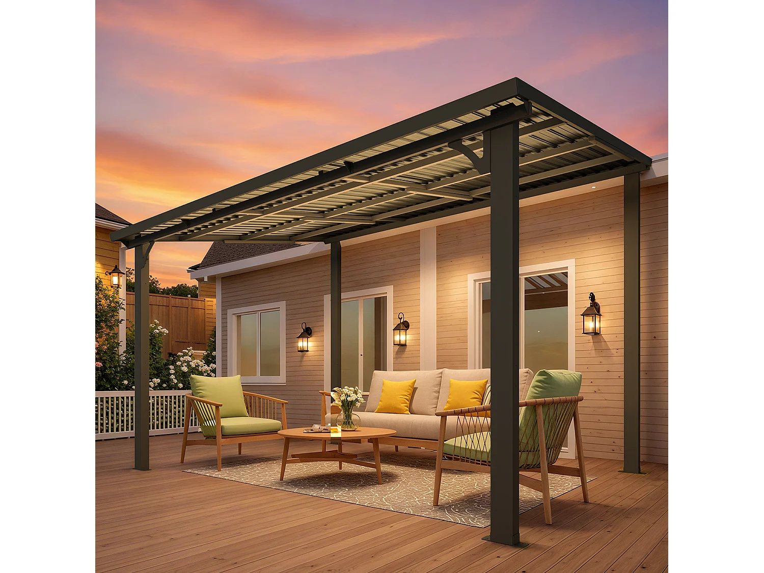 YODOLLA - Wandmontierte Pergola, Solides Opak Schrägdach, UV- und Windbeständig, Gartenpavillon für Draußen,2.4x3.65m, Schwarz