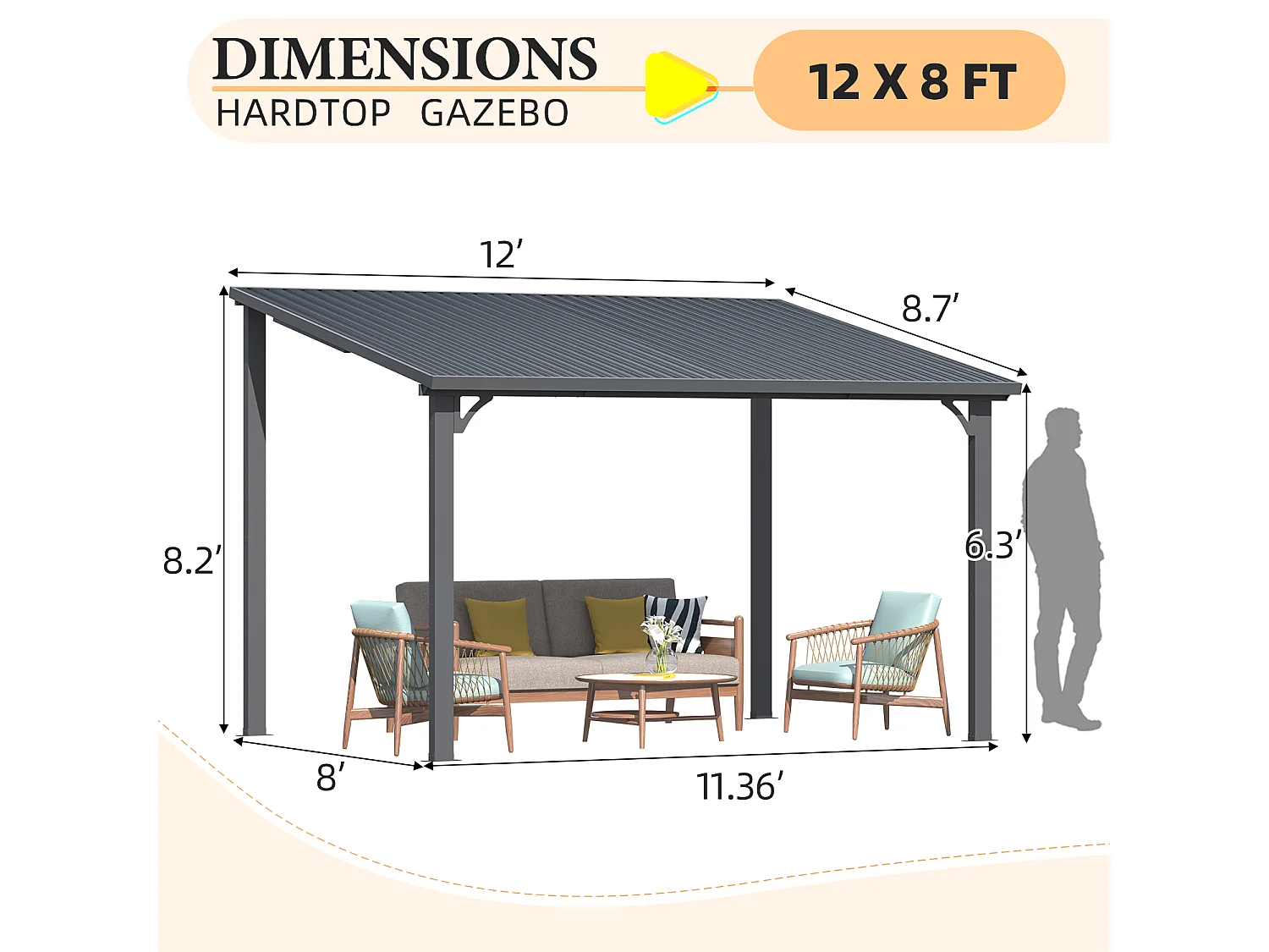 YODOLLA - Wandmontierte Pergola, Solides Opak Schrägdach, UV- und Windbeständig, Gartenpavillon für Draußen,2.4x3.65m, Schwarz