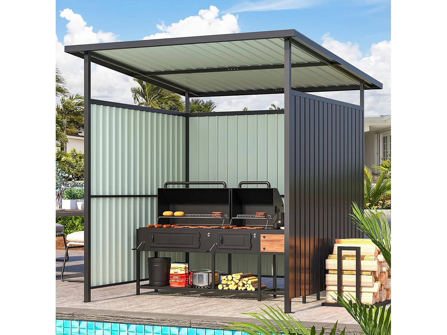 YODOLLA Grillpavillon Hartdach, Außenpergola Metallmarkisen Offenes Design für Terrassen-BBQ, Anbau Fahrrad Gartenschuppen, 2x2.2x2m, Schwarz