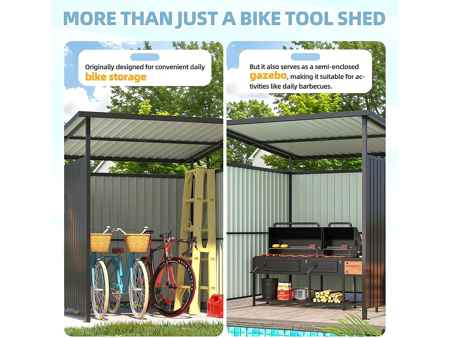 YODOLLA Grillpavillon Hartdach, Außenpergola Metallmarkisen Offenes Design für Terrassen-BBQ, Anbau Fahrrad Gartenschuppen, 2x2.2x2m, Schwarz