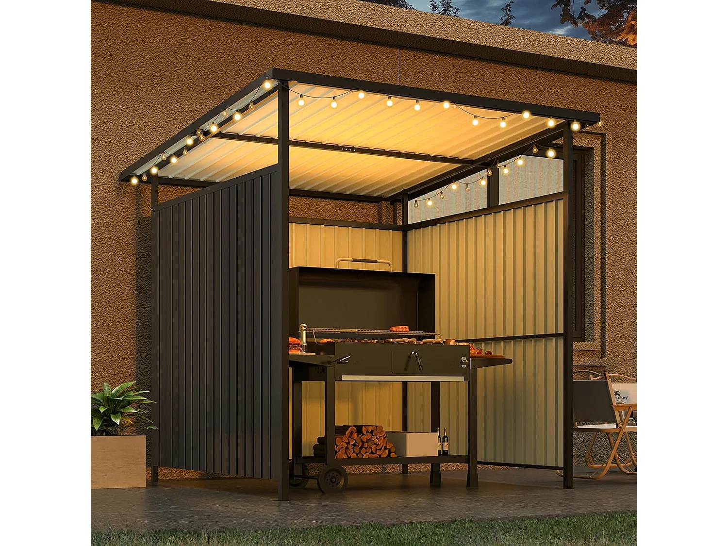 YODOLLA Grillpavillon Hartdach, Außenpergola Metallmarkisen Offenes Design für Terrassen-BBQ, Anbau Fahrrad Gartenschuppen, 2x2.2x2m, Schwarz