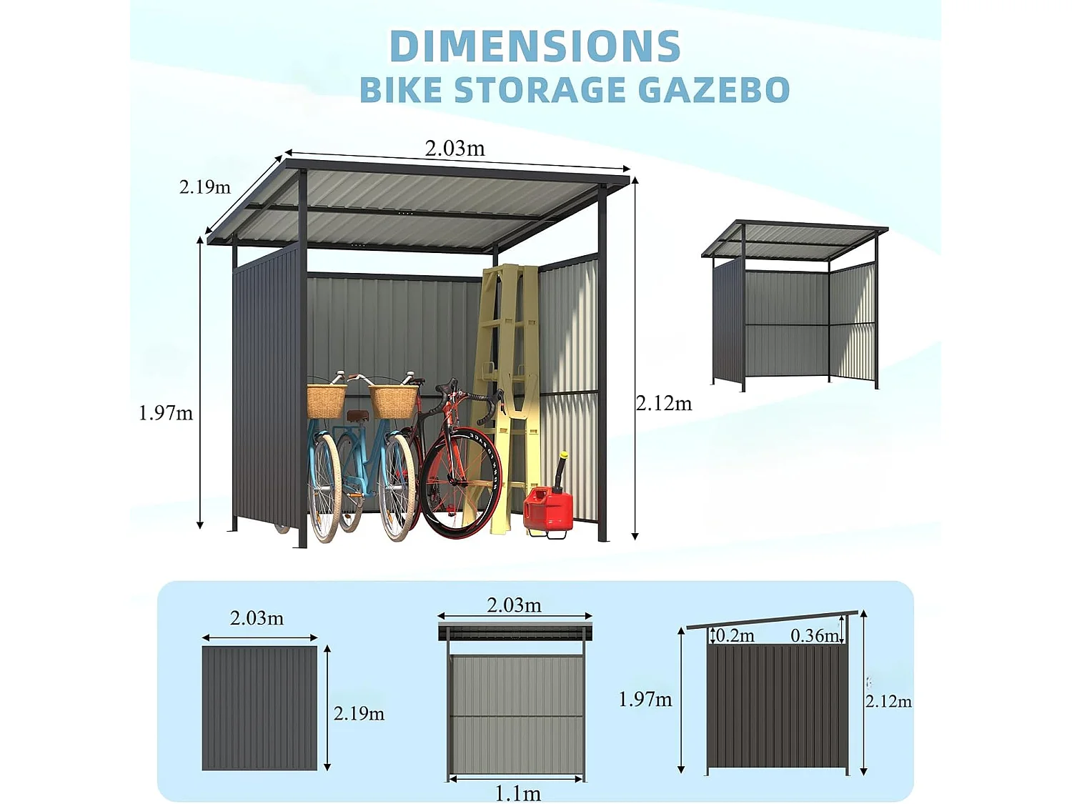 YODOLLA Grillpavillon Hartdach, Außenpergola Metallmarkisen Offenes Design für Terrassen-BBQ, Anbau Fahrrad Gartenschuppen, 2x2.2x2m, Schwarz