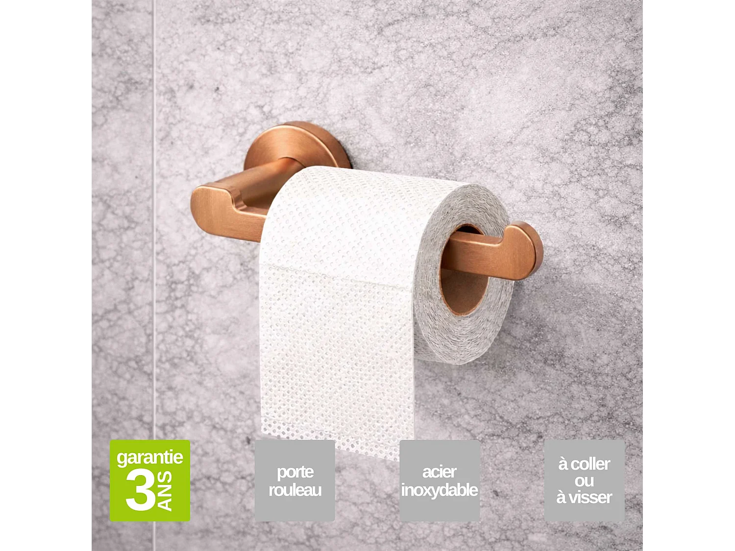 Porte-balai WC et Porte papier toilette - acier inoxydable S.304 cuivré brossé - Fixation Collée ou Vissée