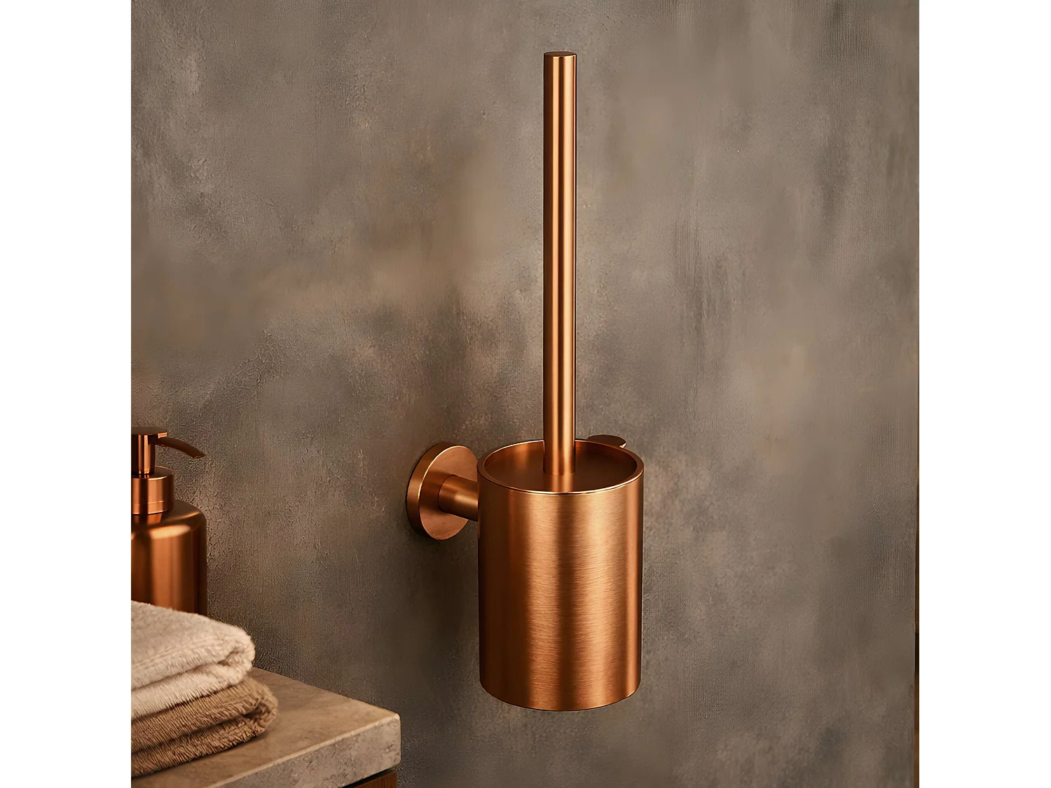 Porte-balai WC et Porte papier toilette - acier inoxydable S.304 cuivré brossé - Fixation Collée ou Vissée