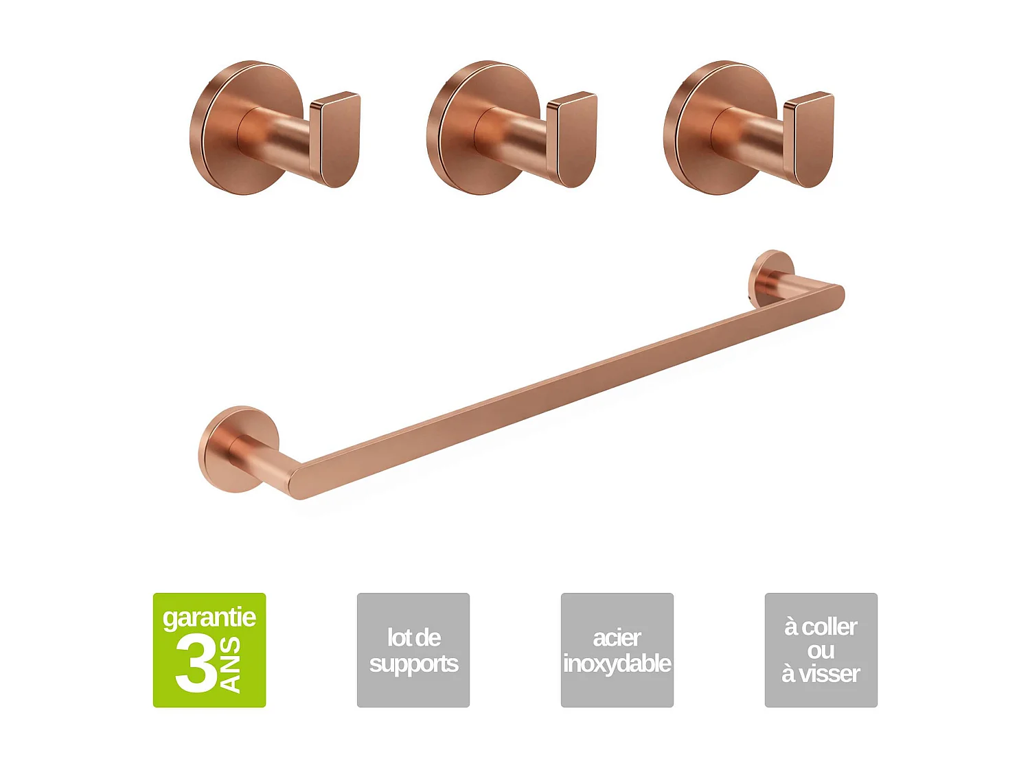 Porte serviette salle de bain 50cm et 3 Patères murale salle de bain  - acier inoxydable S.304 cuivré brossé - Fixation Collée ou Vissée