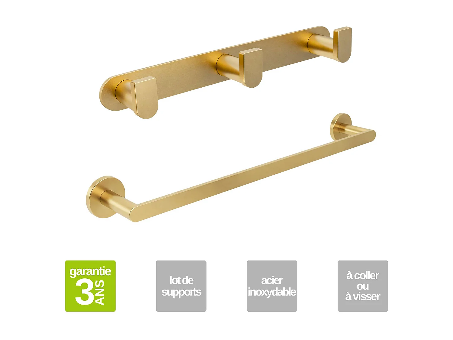 Patère murale salle de bain 25cm et porte serviette 50 cm - acier inoxydable S.304 or brossé - Fixation Collée ou Vissée