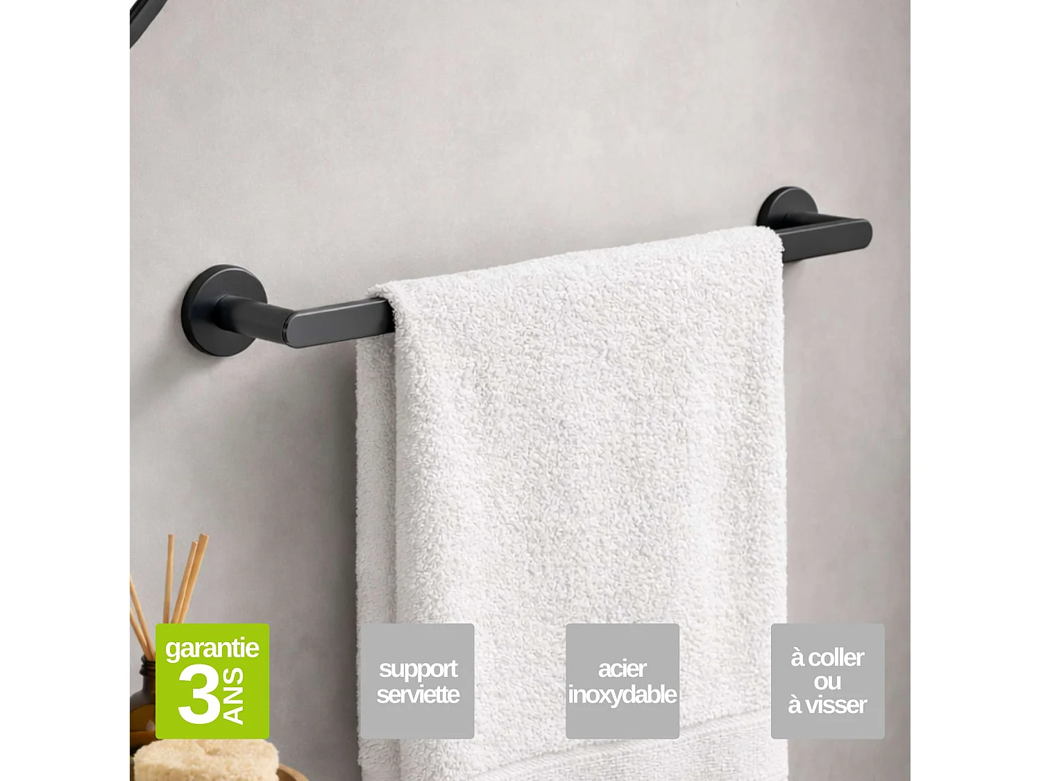 3 Patères murale salle de bain et porte serviette 50 cm - acier inoxydable S.304 noir mat - Fixation Collée ou Vissée