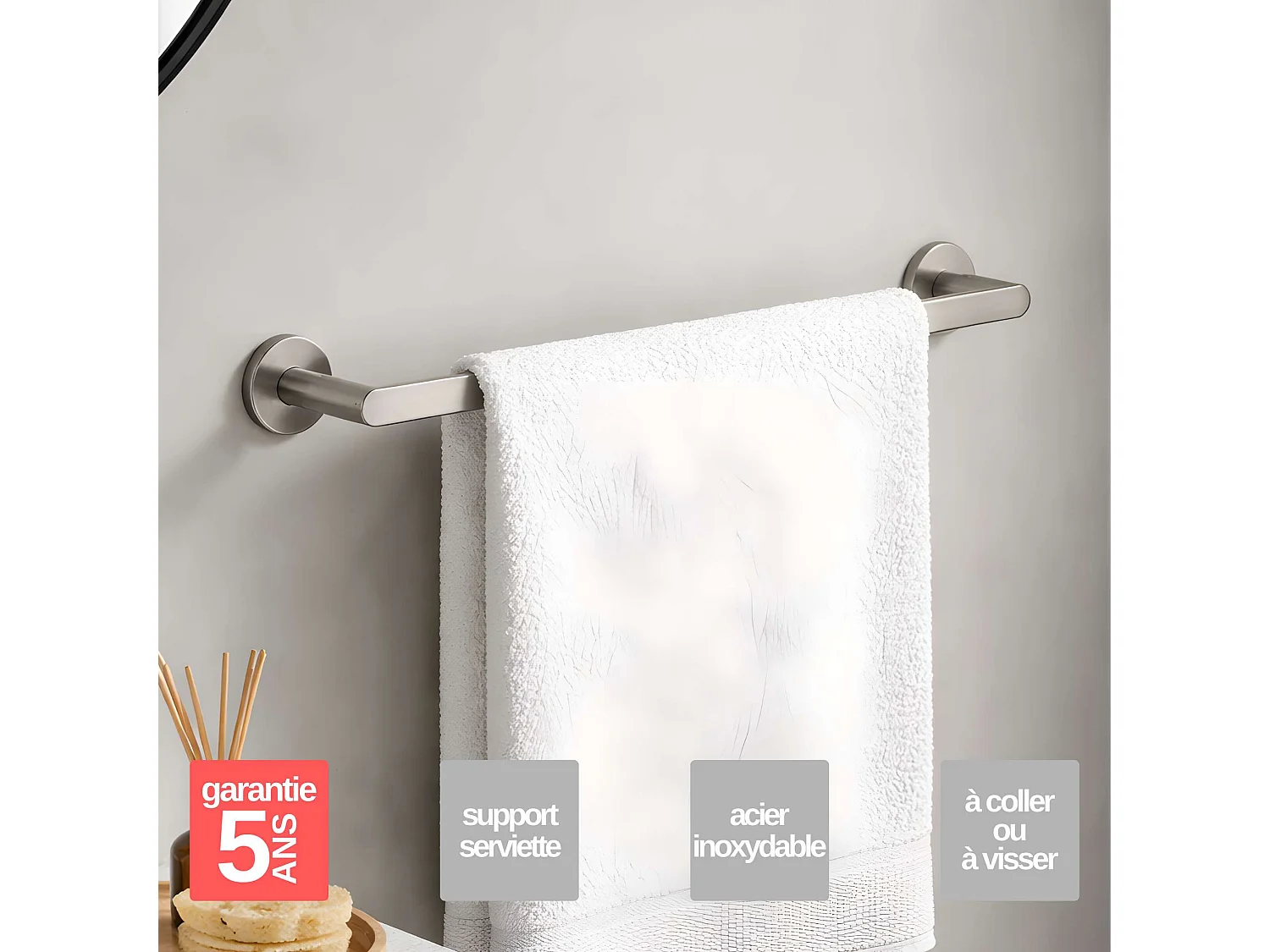 3 Patères murale salle de bain et porte serviette 50 cm - acier inoxydable S.316 - Fixation Collée ou Vissée