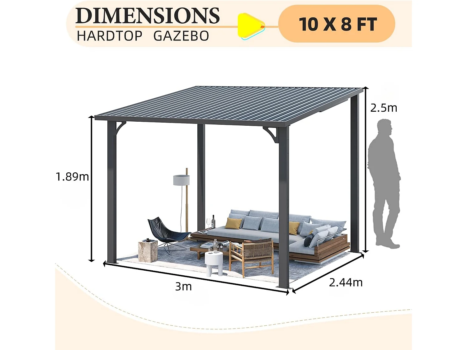 YODOLLA - Pergola Murale - Toit Massif Opaque et Incliné - Résistant aux UV & Vent - Tonnelle Jardin Exterieur - 2.4x3m - Noir