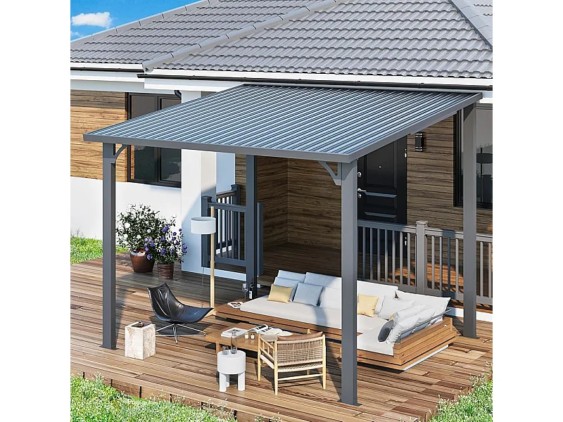 YODOLLA - Pergola Murale - Toit Massif Opaque et Incliné - Résistant aux UV & Vent - Tonnelle Jardin Exterieur - 2.4x3m - Noir