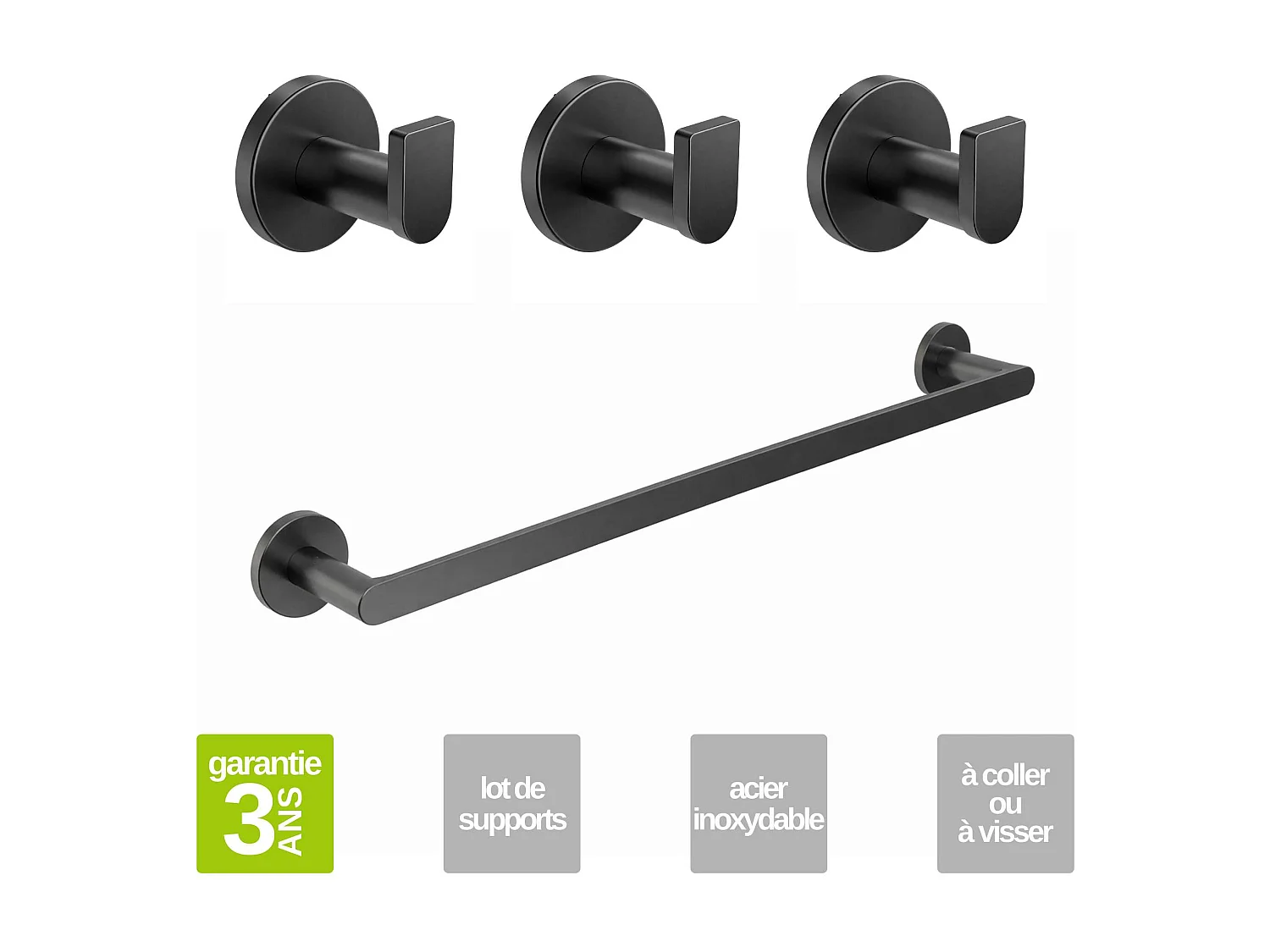 Patère murale salle de bain 25cm et porte serviette 50 cm - acier inoxydable S.304 gun métal - Fixation Collée ou Vissée